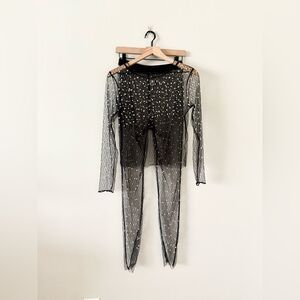 Amazon Sheer Long Sleeve Top and Pant Set Black with Pearl Detail - Size M